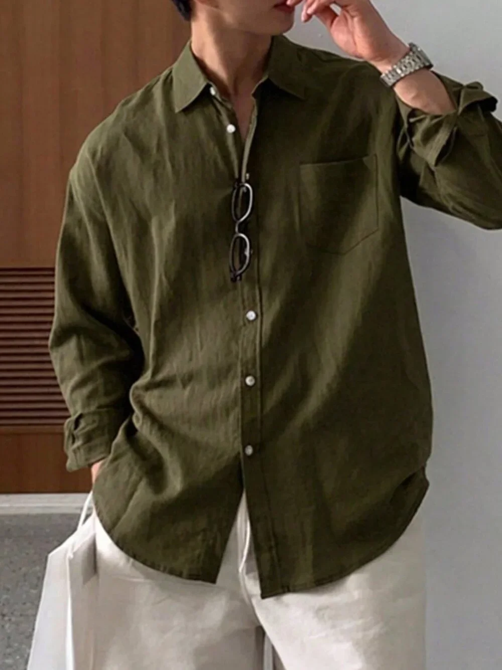 Army Green Casual Modern Casual Men's Long Sleeve Shirt